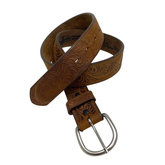 Justin Tooled Embossed Brown Top Grain Leather Western Belt Sz 34 made USA 53909 - Picture 1 of 9